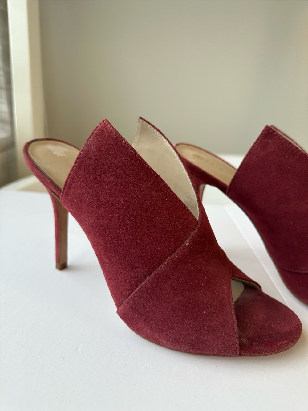 Trina Turk Burgundy Suede Open-Toe Mule Heels